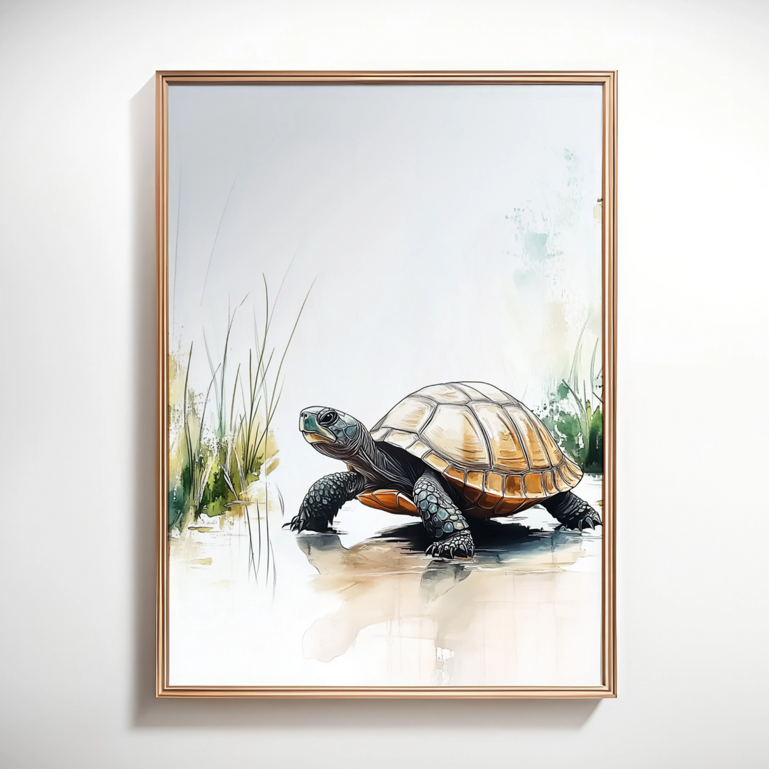 Majestic Brown Turtle: Walking Through Shallow Water Amidst Tall Grass. High Resolution Digital Download 300 DPI