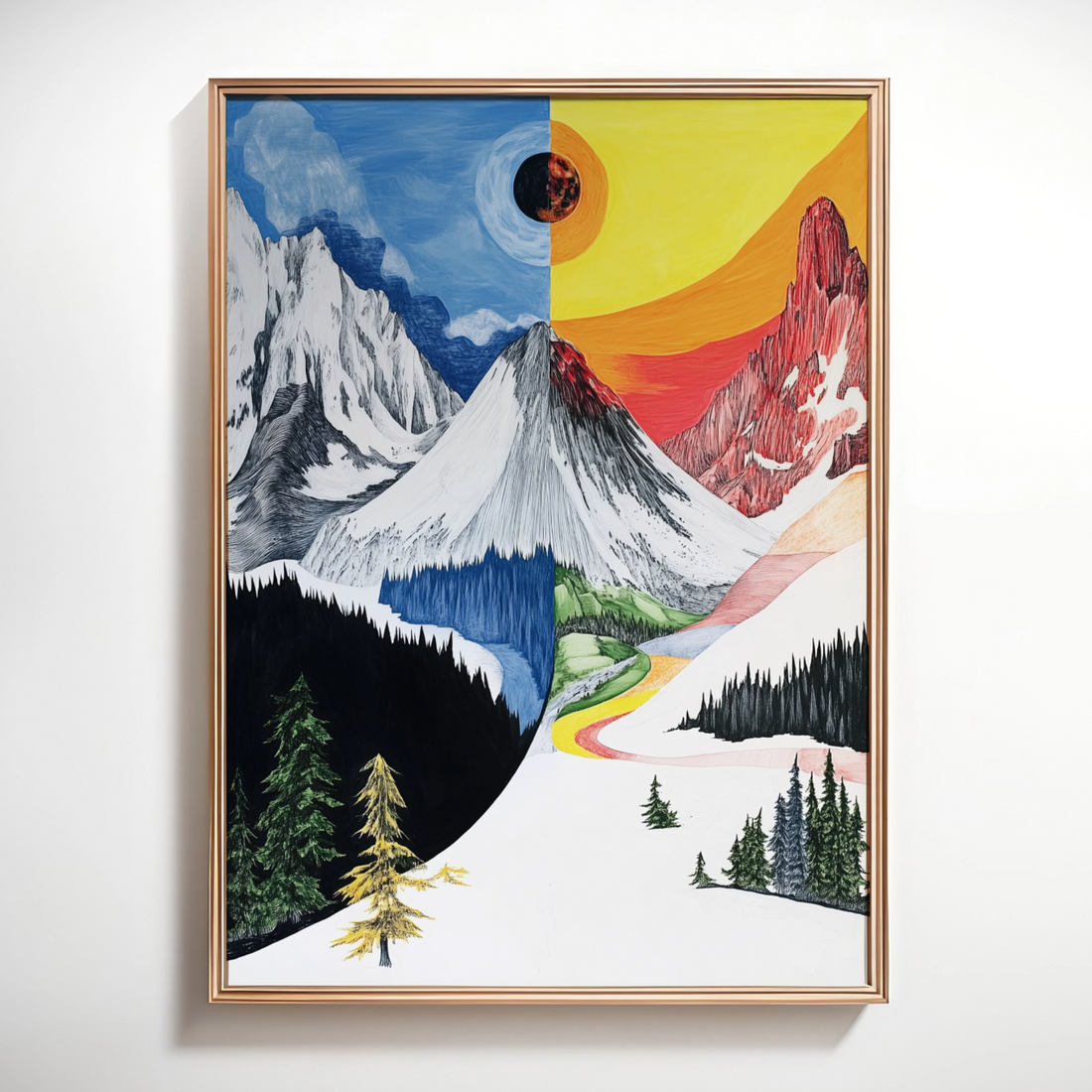 Alpine Majesty: Colorful Sky Illuminates Snowy Peaks and Winding River. High Resolution Digital Download 300 DPI