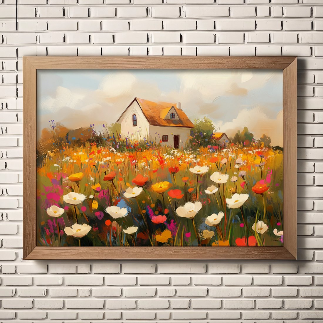 Joyful Minimalist Painting: Cheerful House Surrounded by Vibrant Wildflowers. High Resolution Digital Download 300 DPI