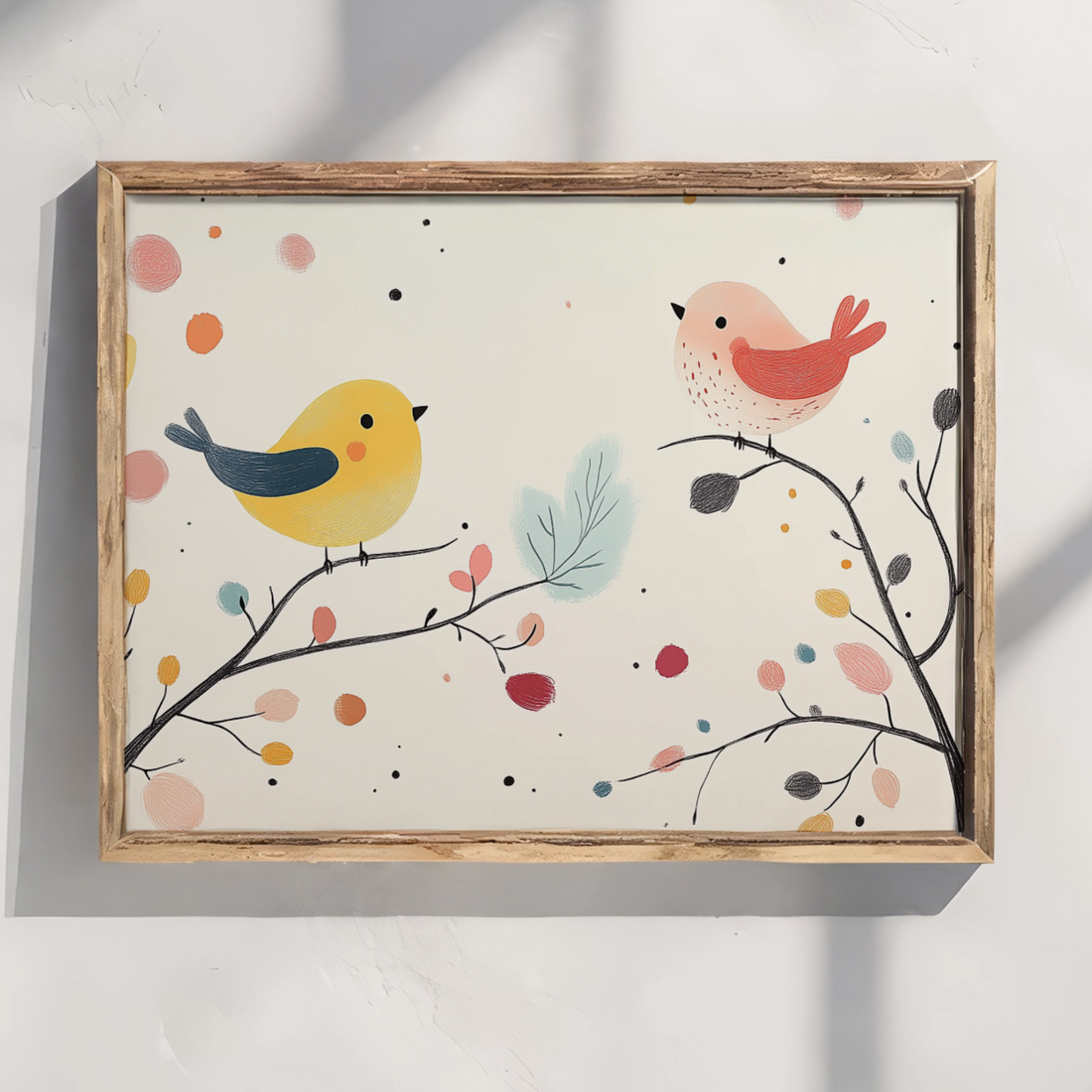 Vibrant Avian Duo: Colorful Birds on Branch with Abstract Leaf Backdrop. High Resolution Digital Download 300 DPI