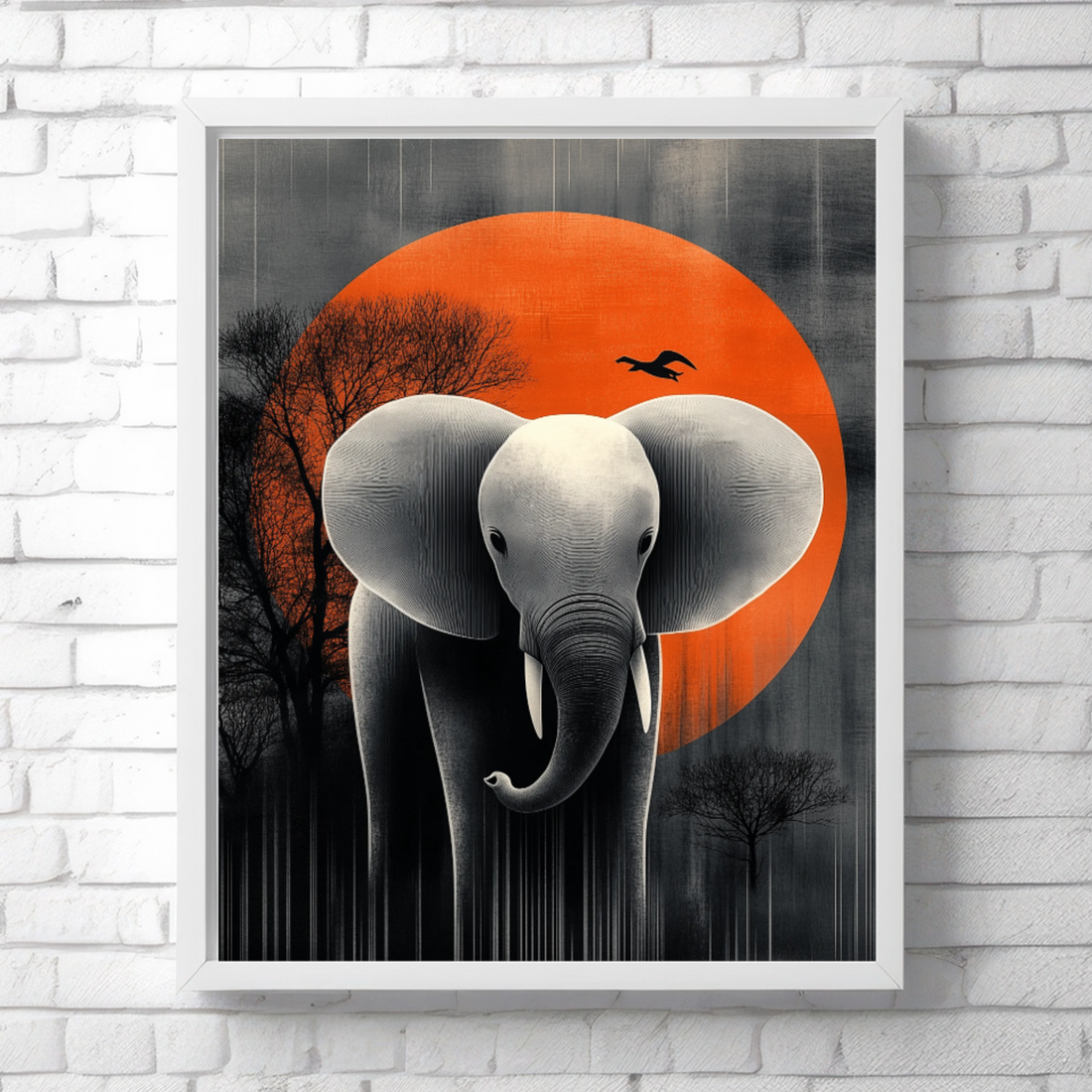 Graceful Elephant in Japanese Landscape: Minimalist Art with Orange Sun and Silhouettes. High Resolution Digital Download 300 DPI