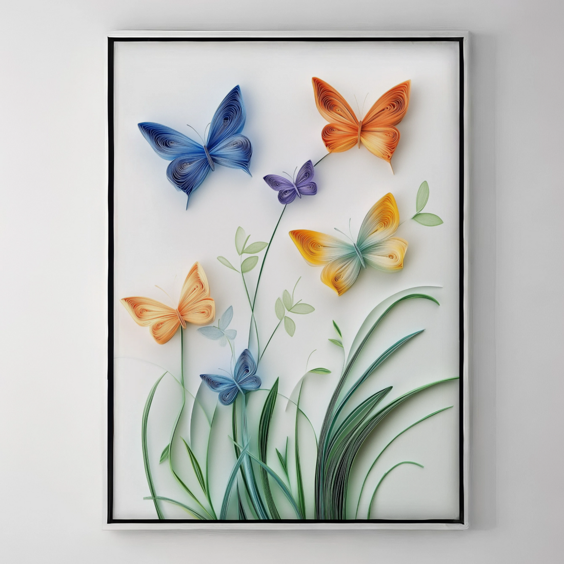 Delicate Paper Quilling: Vibrant Butterfly Dance on Pristine White Background. High Resolution Digital Download 300 DPI