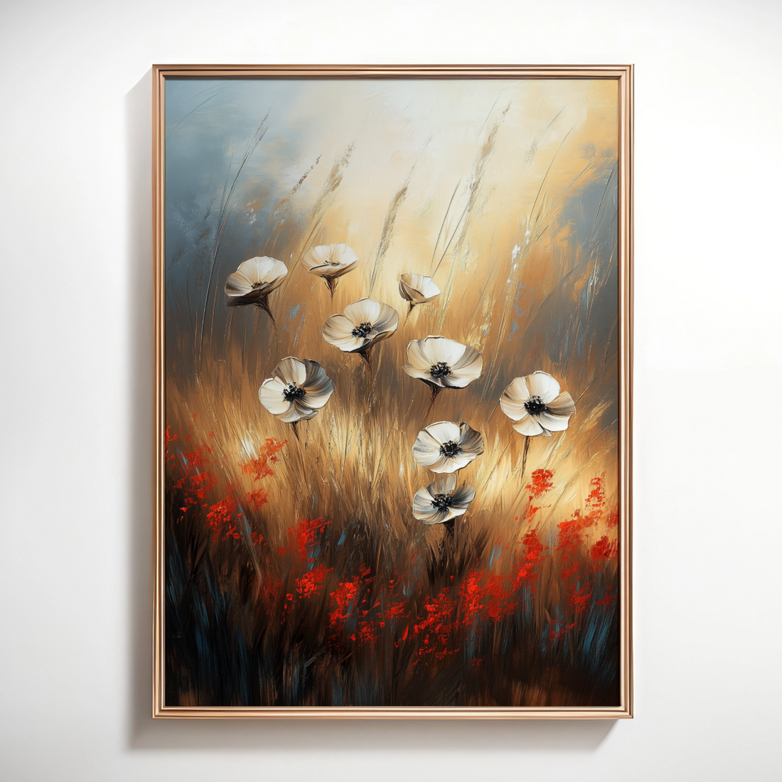 Blooming Contrast: White and Red Flowers in Warm-Toned Brushstroke Field. High Resolution Digital Download 300 DPI