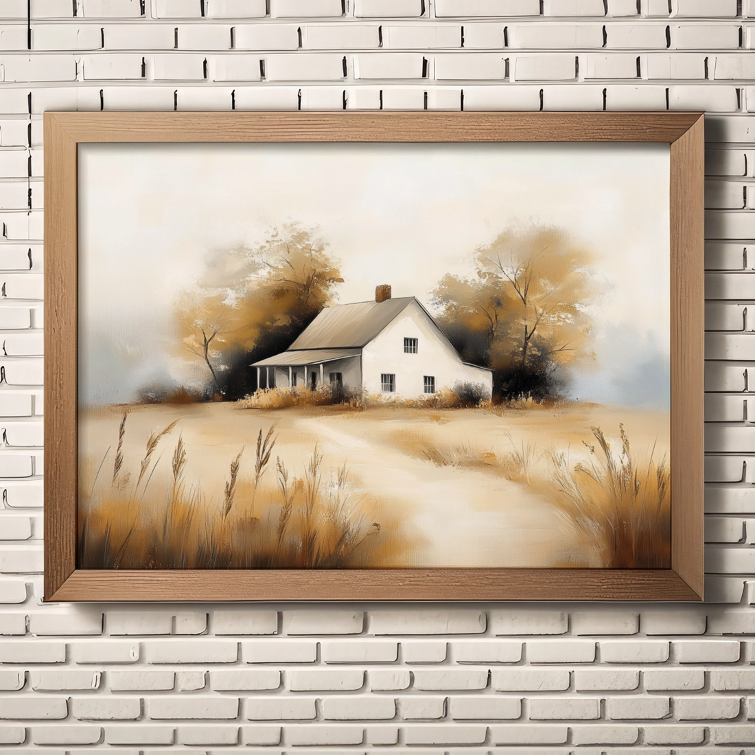 Rustic Autumn Charm: Minimalist Oil Painting of White Farmhouse in Rural Landscape. High Resolution Digital Download 300 DPI