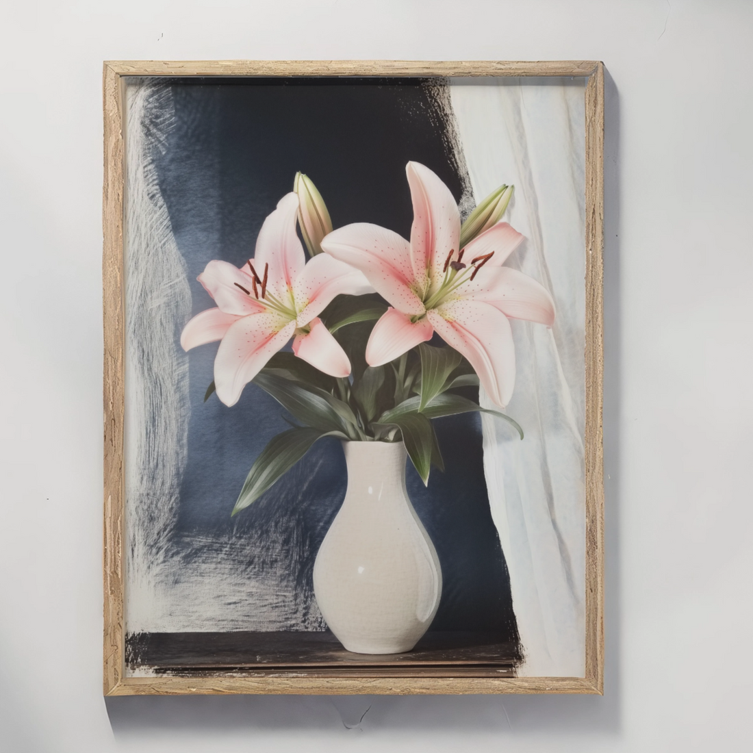 Ethereal Lilies: Sunlit Vase on Wooden Shelf in Misty Amber and Indigo. High Resolution Digital Download 300 DPI