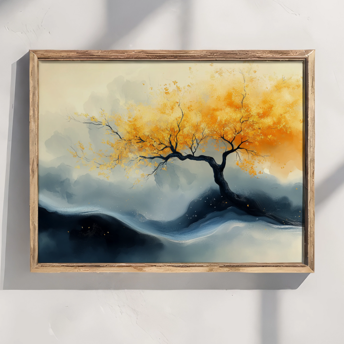 Golden Serenity: Twisted Tree Silhouette Against Misty Mountain Landscape. High Resolution Digital Download 300 DPI
