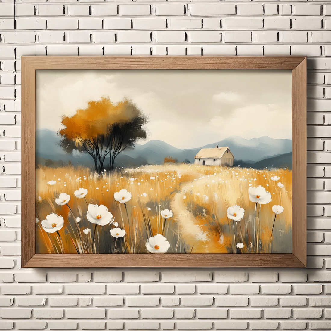 Serene Watercolor Landscape: White Daisies, Lone Tree, and Majestic Mountains. High Resolution Digital Download 300 DPI