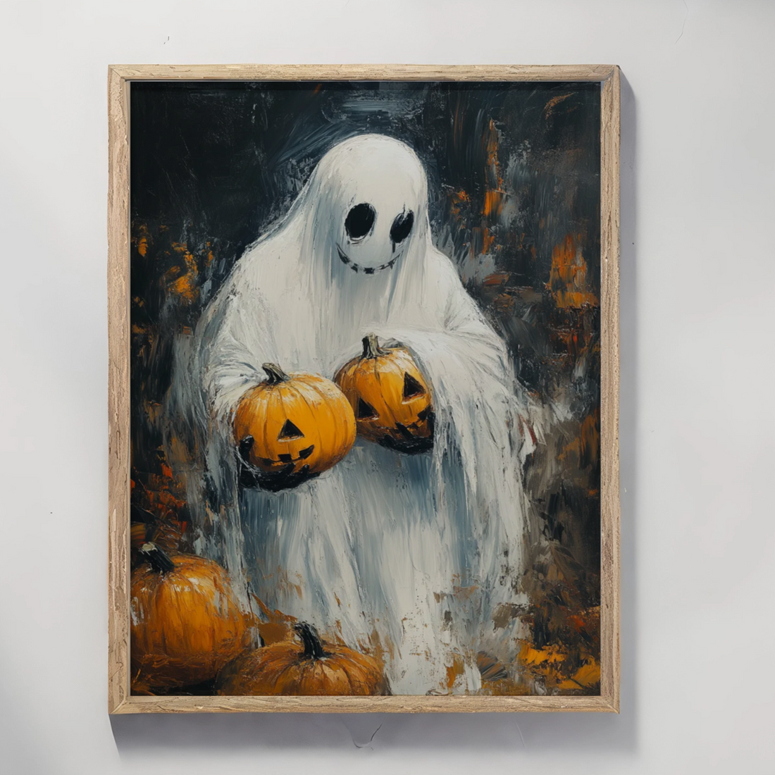 Ethereal Harvest: Impasto Ghost with Pumpkins - Haunting Autumnal Art. High Resolution Digital Download 300 DPI
