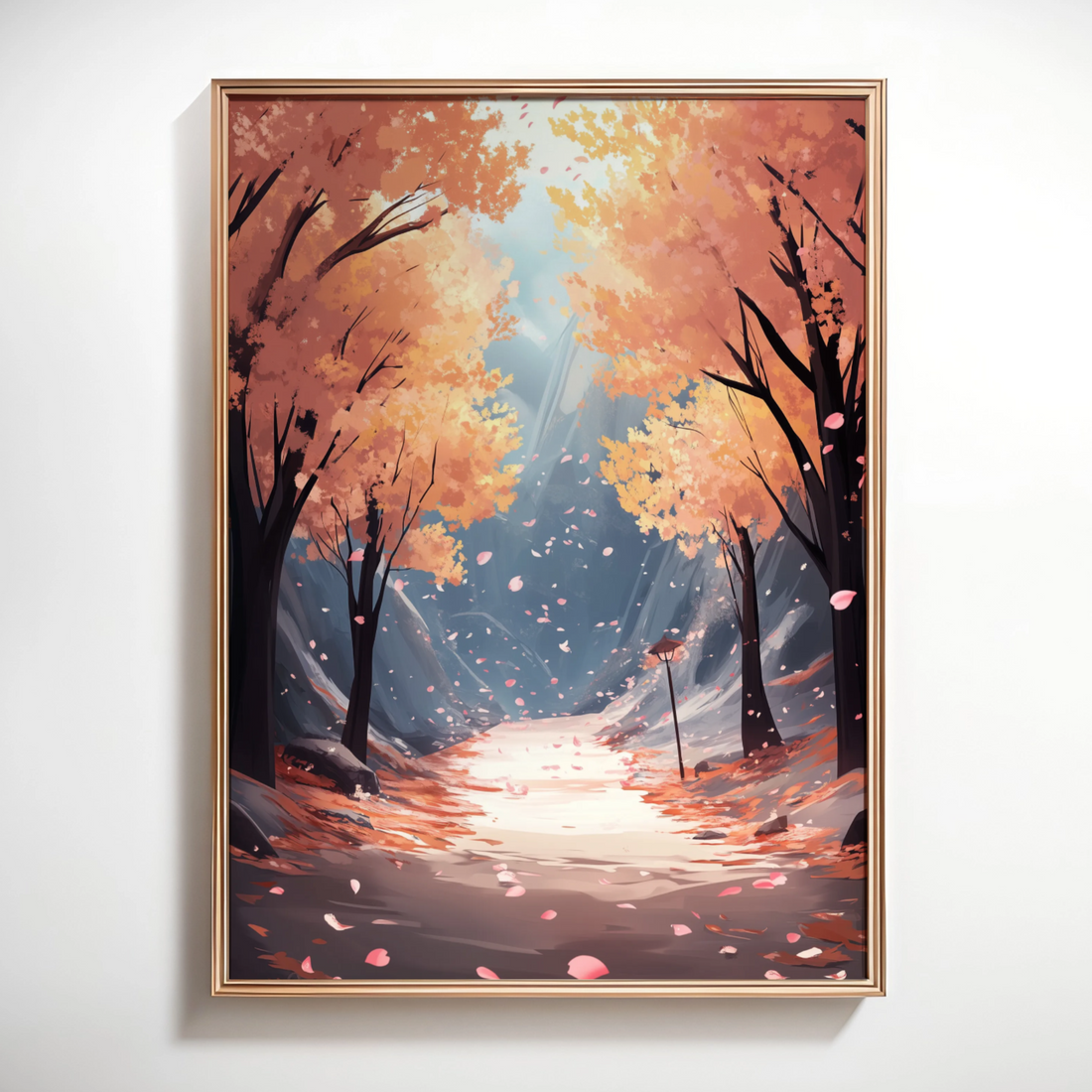 Autumn's Enchanted Path: Vibrant Foliage and Floating Petals in Sunlit Forest. High Resolution Digital Download 300 DPI