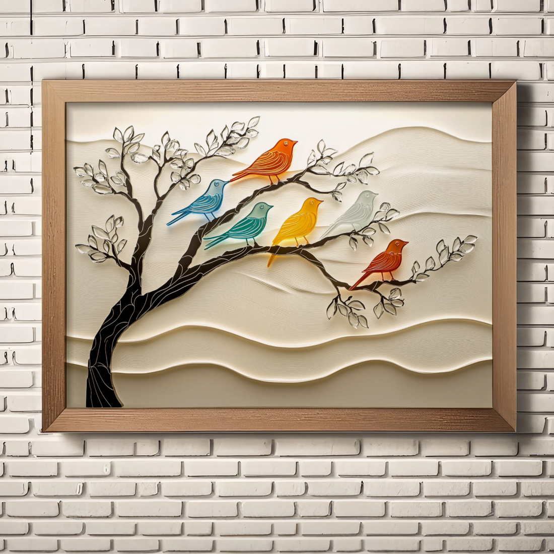 Artistic Harmony: Black Metal Tree Limb with Colorful Sea Glass Birds on Ivory Background. High Resolution Digital Download 300 DPI