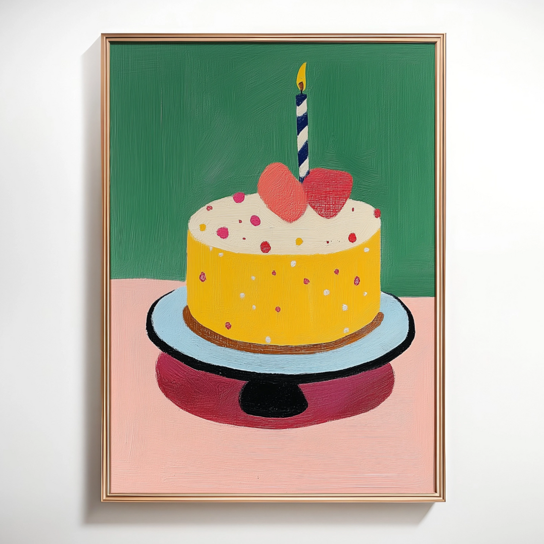 Vibrant Birthday Cake Wall Art: Heart-Shaped Decoration on Elegant Black Stand. High Resolution Digital Download 300 DPI