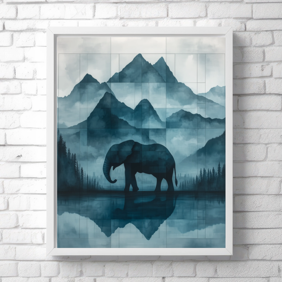 Majestic Elephant Serenity: Misty Mountain Landscape in Soothing Green Tones. High Resolution Digital Download 300 DPI