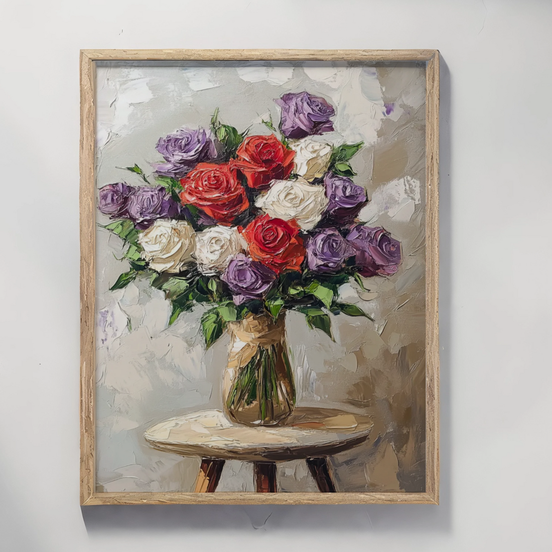 Vibrant Floral Impasto: Purple and White Roses on Intimate Side Table. High Resolution Digital Download 300 DPI