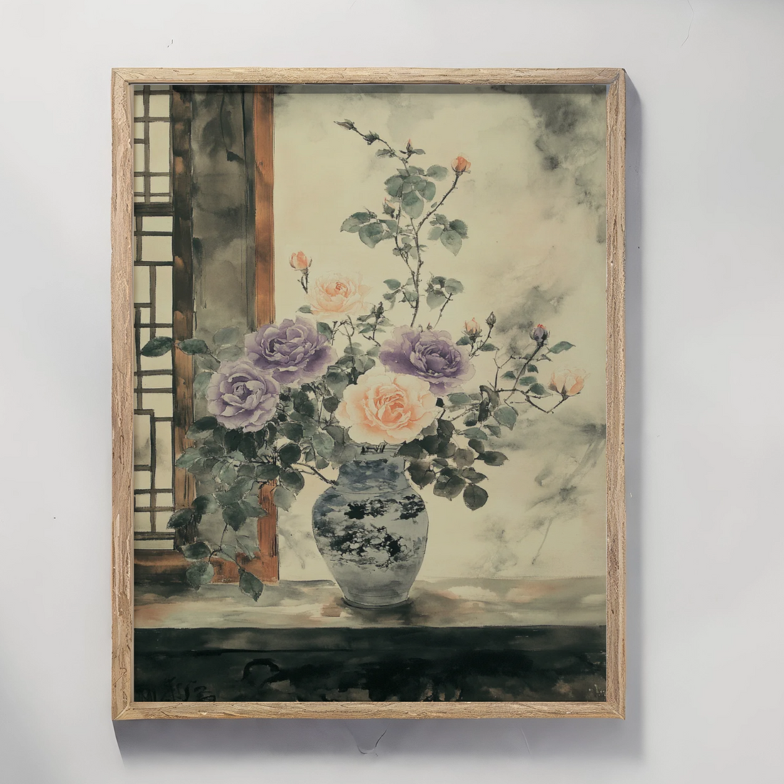 Ethereal Roses: East Asian Ink Wash Painting of Purple and Orange Blooms. High Resolution Digital Download 300 DPI