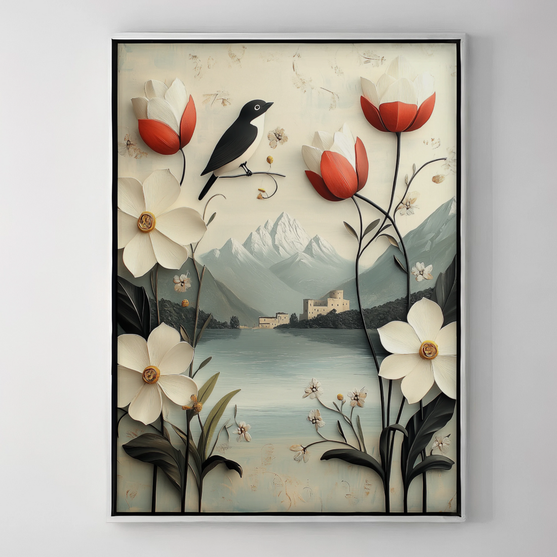 Majestic Black Bird: Serene Perch Amidst Floral Mountain Lake Landscape. High Resolution Digital Download 300 DPI