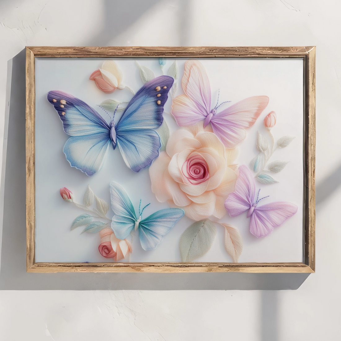 Blooming Butterflies: 3D Embroidered Floral Elegance in Pastel Hues. High Resolution Digital Download 300 DPI