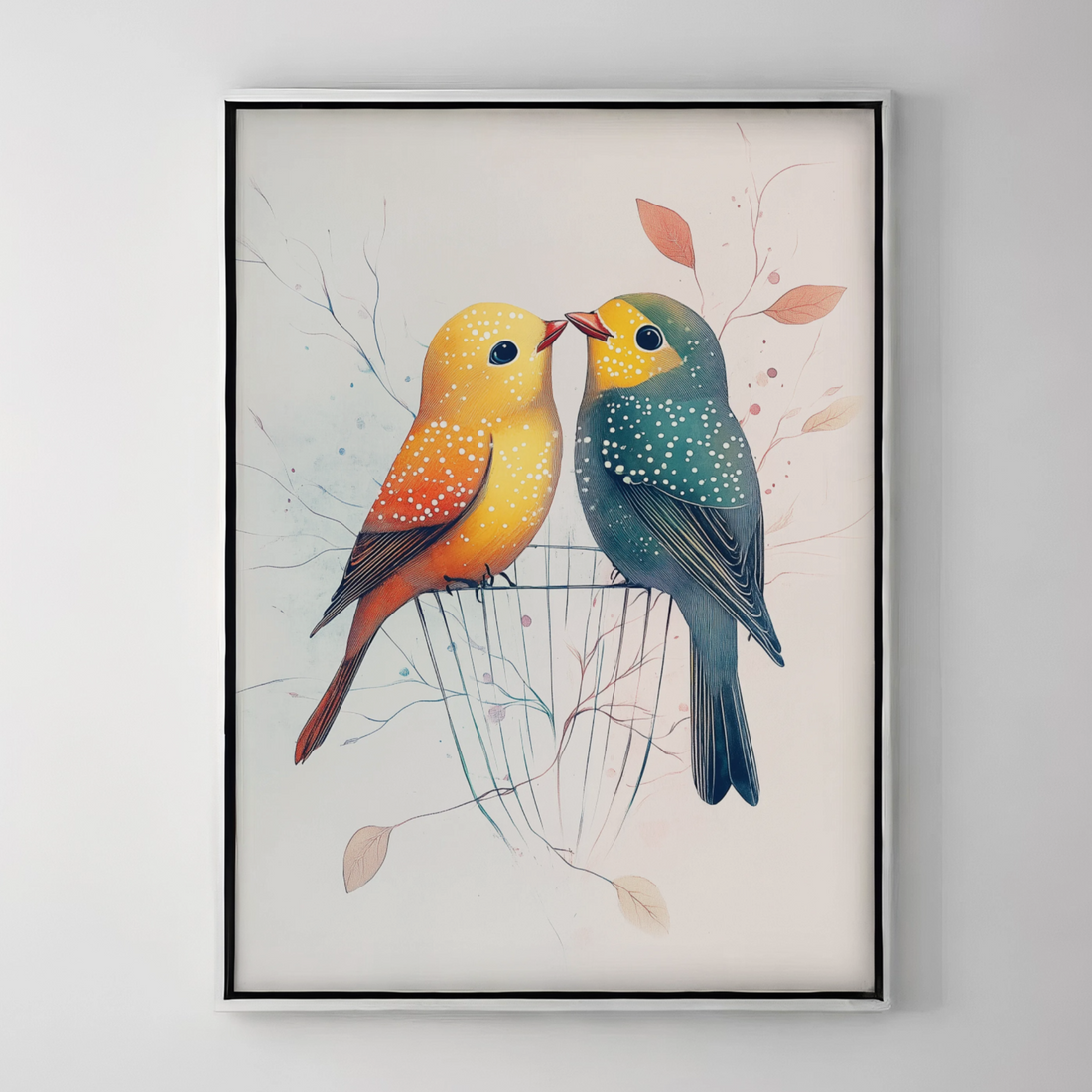 Charming Aviary: Colorful Birds on Wire Cage with Pastel Leaves and Branches. High Resolution Digital Download 300 DPI