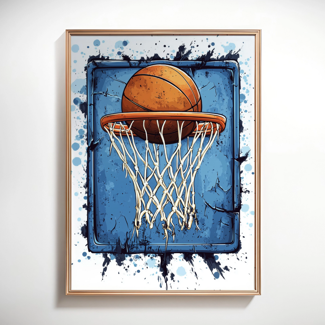 Slam Dunk Sensation: Dynamic Basketball Soaring Through Net on Blue Canvas. High Resolution Digital Download 300 DPI