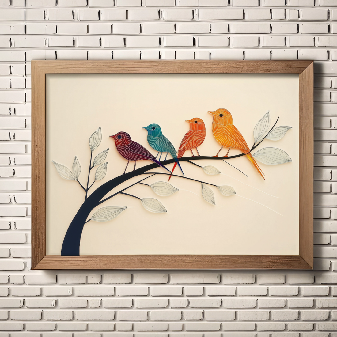 Whimsical Wall Art: Black Metal Tree Limb with Colorful Sea Glass Birds on Ivory Backdrop. High Resolution Digital Download 300 DPI