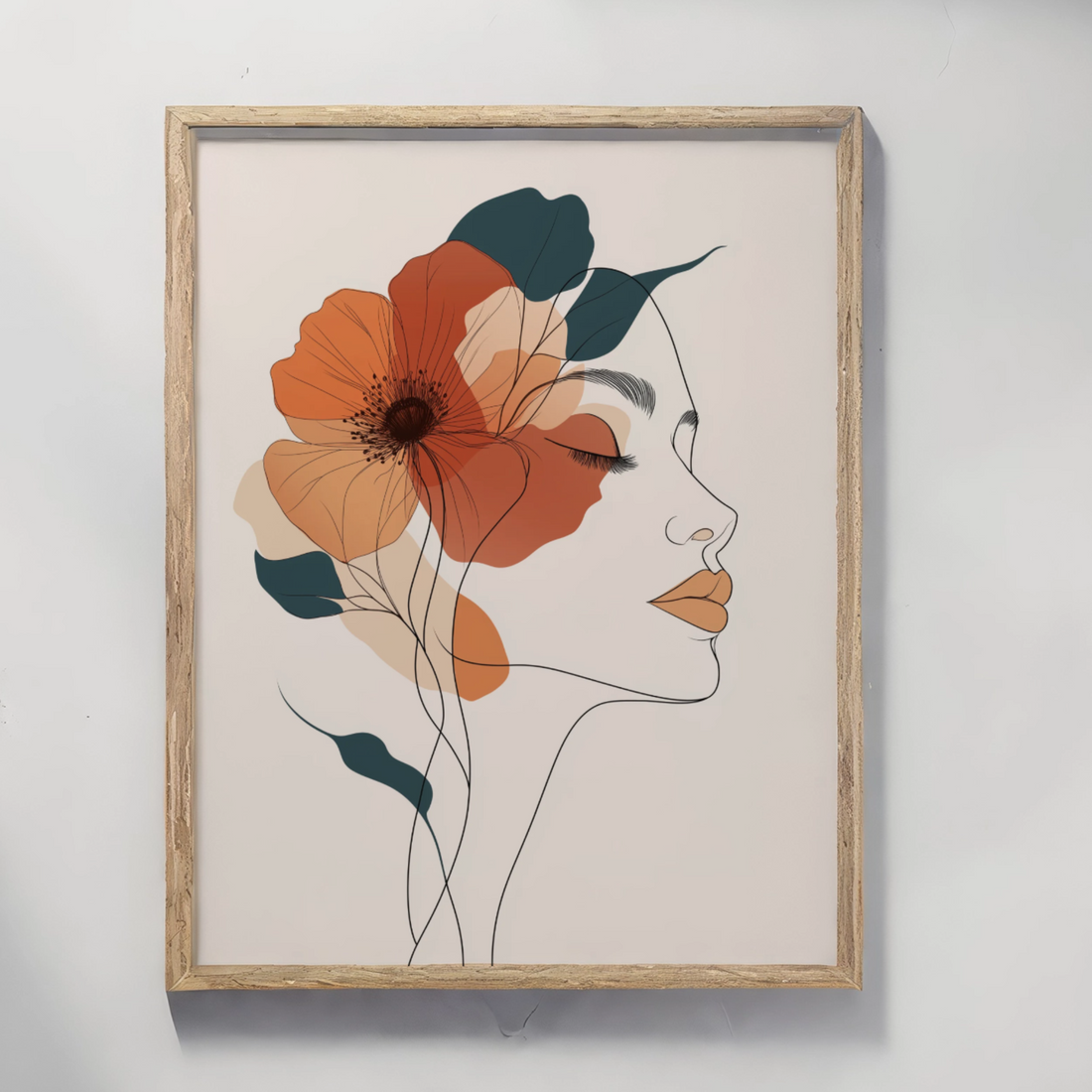 Bohemian Floral Face: Minimalist Line Art with Vibrant Abstract Elements. High Resolution Digital Download 300 DPI