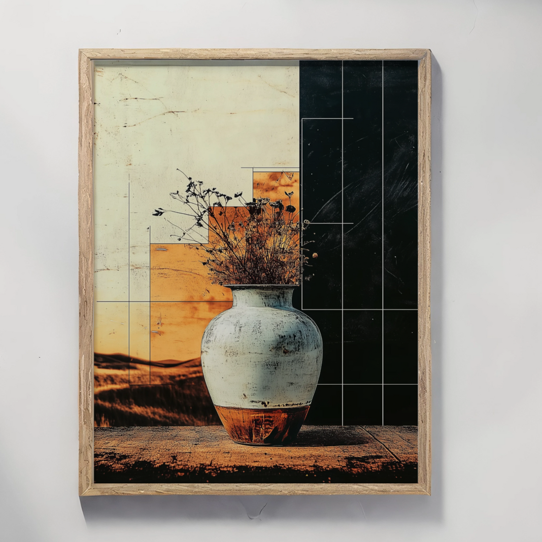 Charming Vintage Ceramic Vase with Dried Flowers Against a Sunset Landscape. High Resolution Digital Download 300 DPI