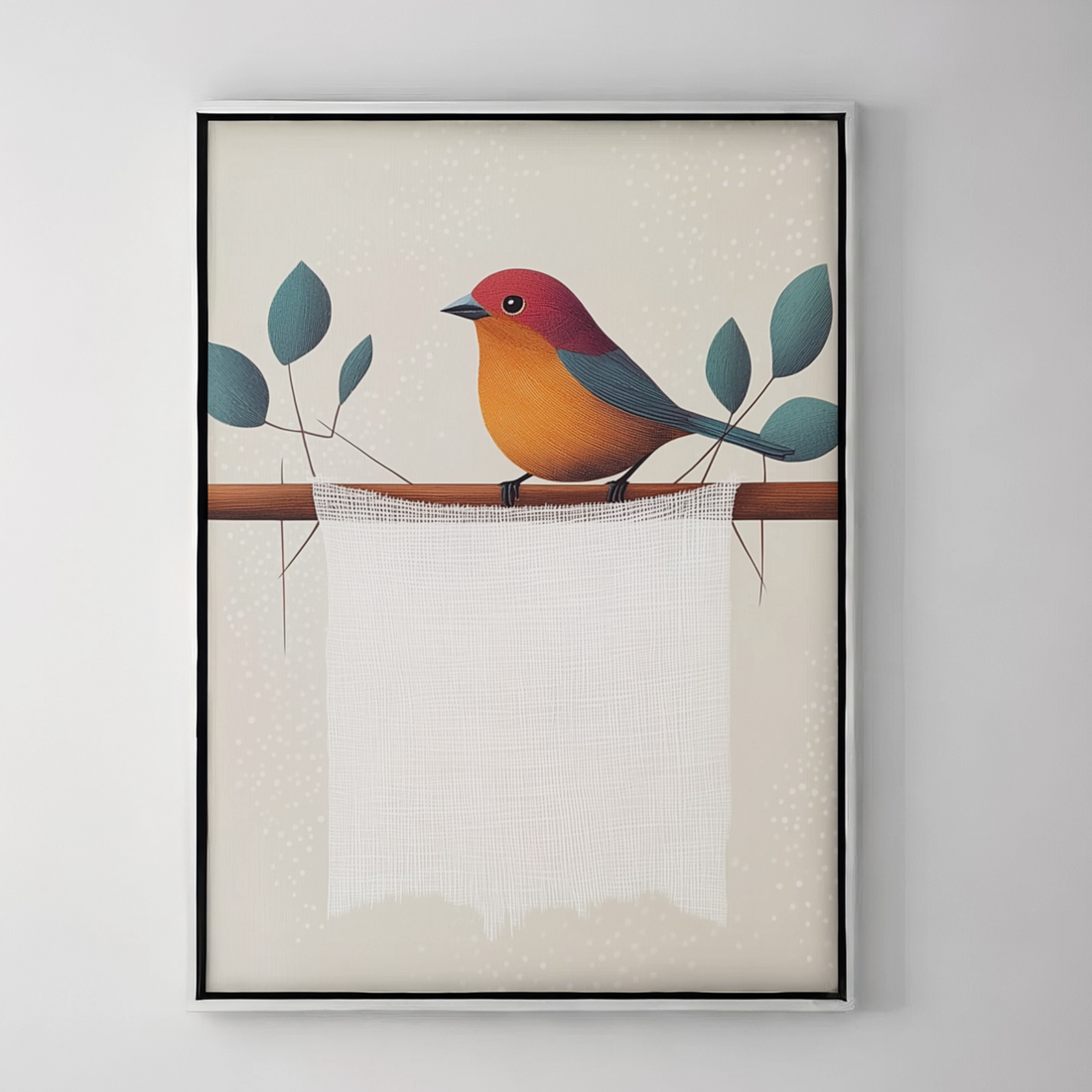 Vibrant Bird on Branch: Colorful Feathers Against Minimalist Background with Green Leaves. High Resolution Digital Download 300 DPI