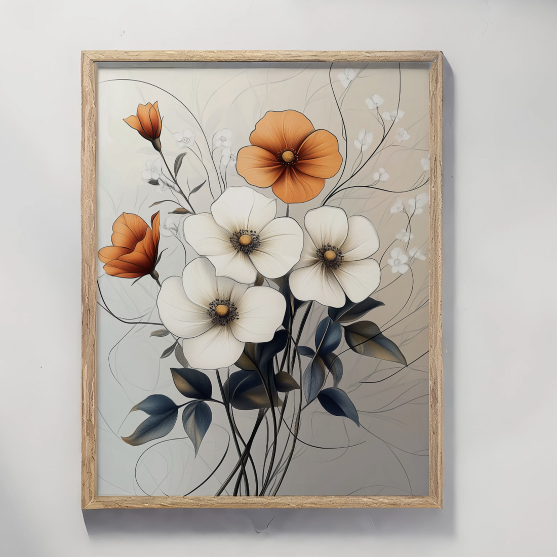 Vintage Botanical Elegance: White and Orange Floral Art for Timeless Decor. High Resolution Digital Download 300 DPI