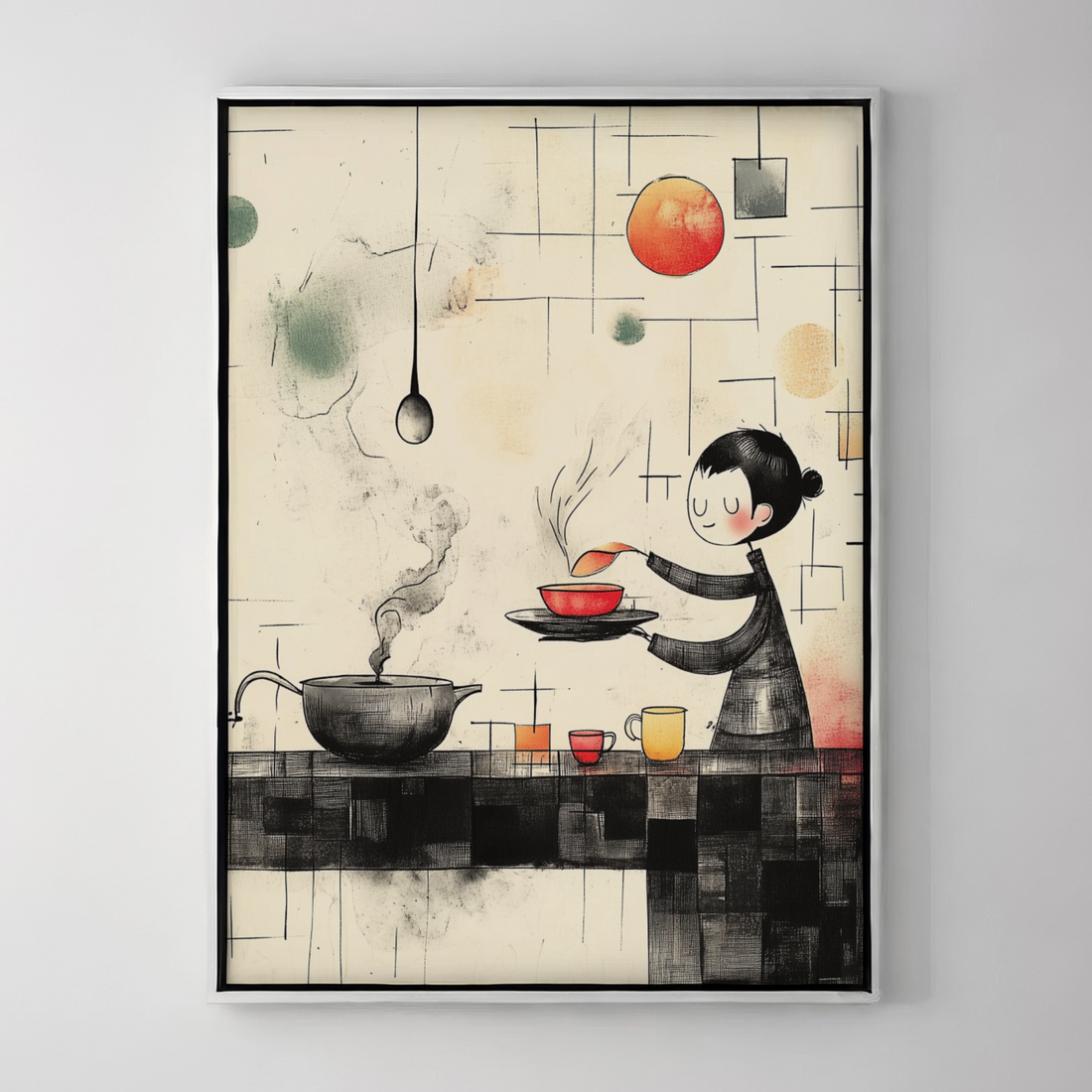 Culinary Fusion: Young Chef Amidst Retro Geometric Kitchen Vibes. High Resolution Digital Download 300 DPI