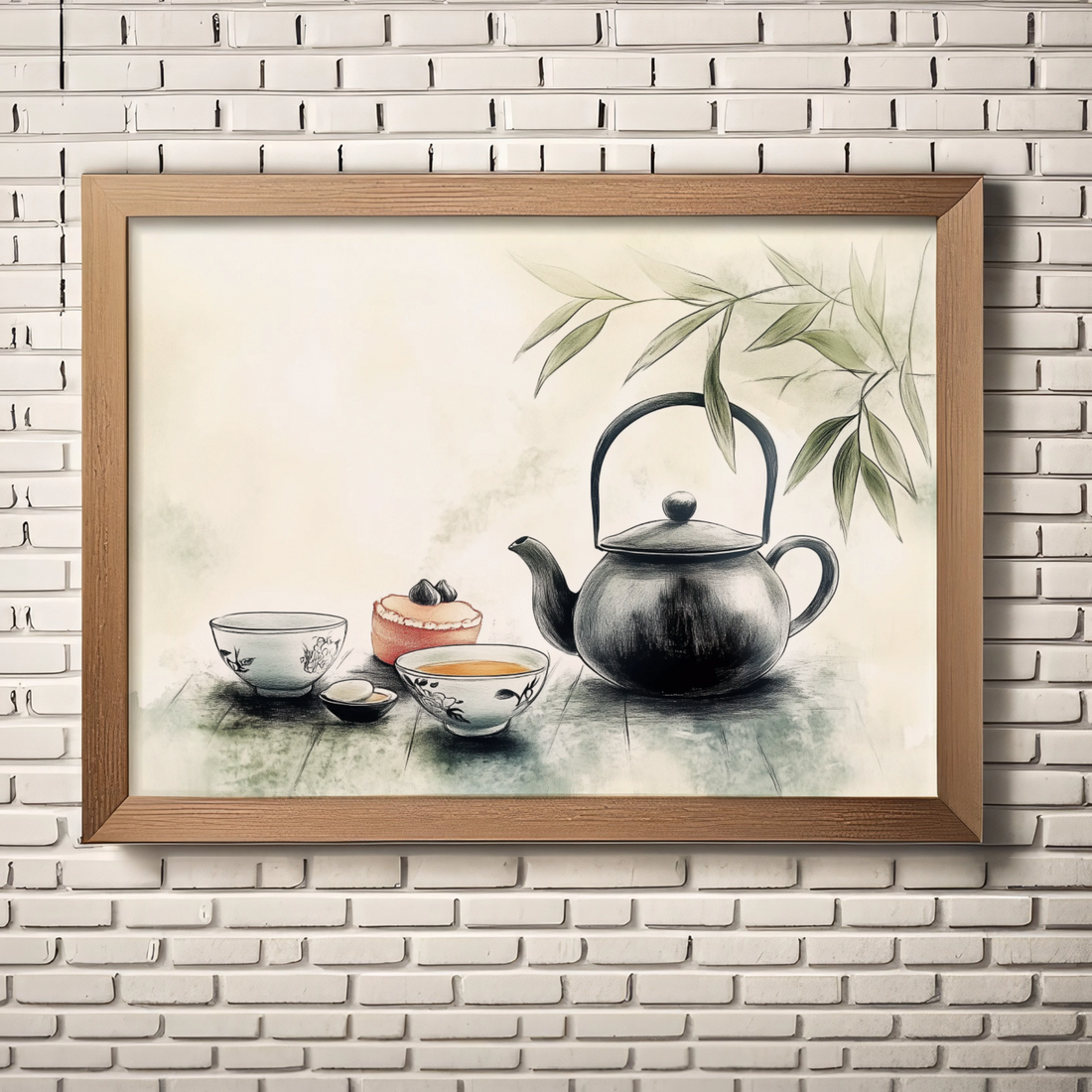 Charming Watercolor Art: Teapot, Cup of Tea, and Cupcake on Rustic Wooden Table. High Resolution Digital Download 300 DPI