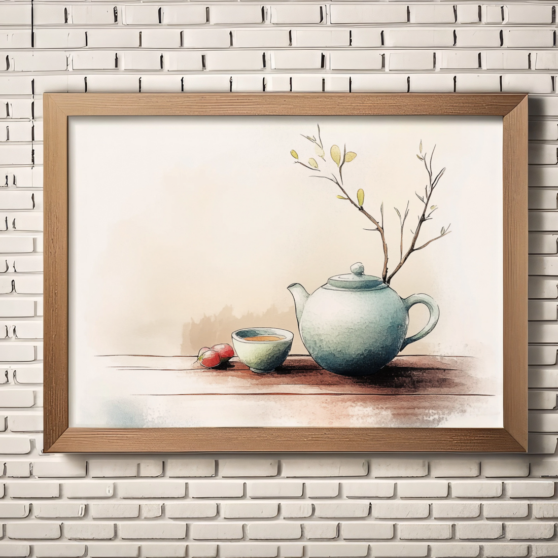 Elegant Tea Ceremony: Watercolor Painting of Green Teapot and Teacup on Wooden Table. High Resolution Digital Download 300 DPI