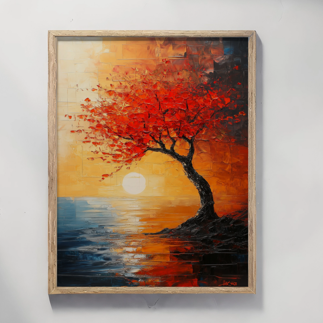 Fiery Cloud Tree: Abstract Seascape with Vibrant Red Silhouette at Sunset. High Resolution Digital Download 300 DPI