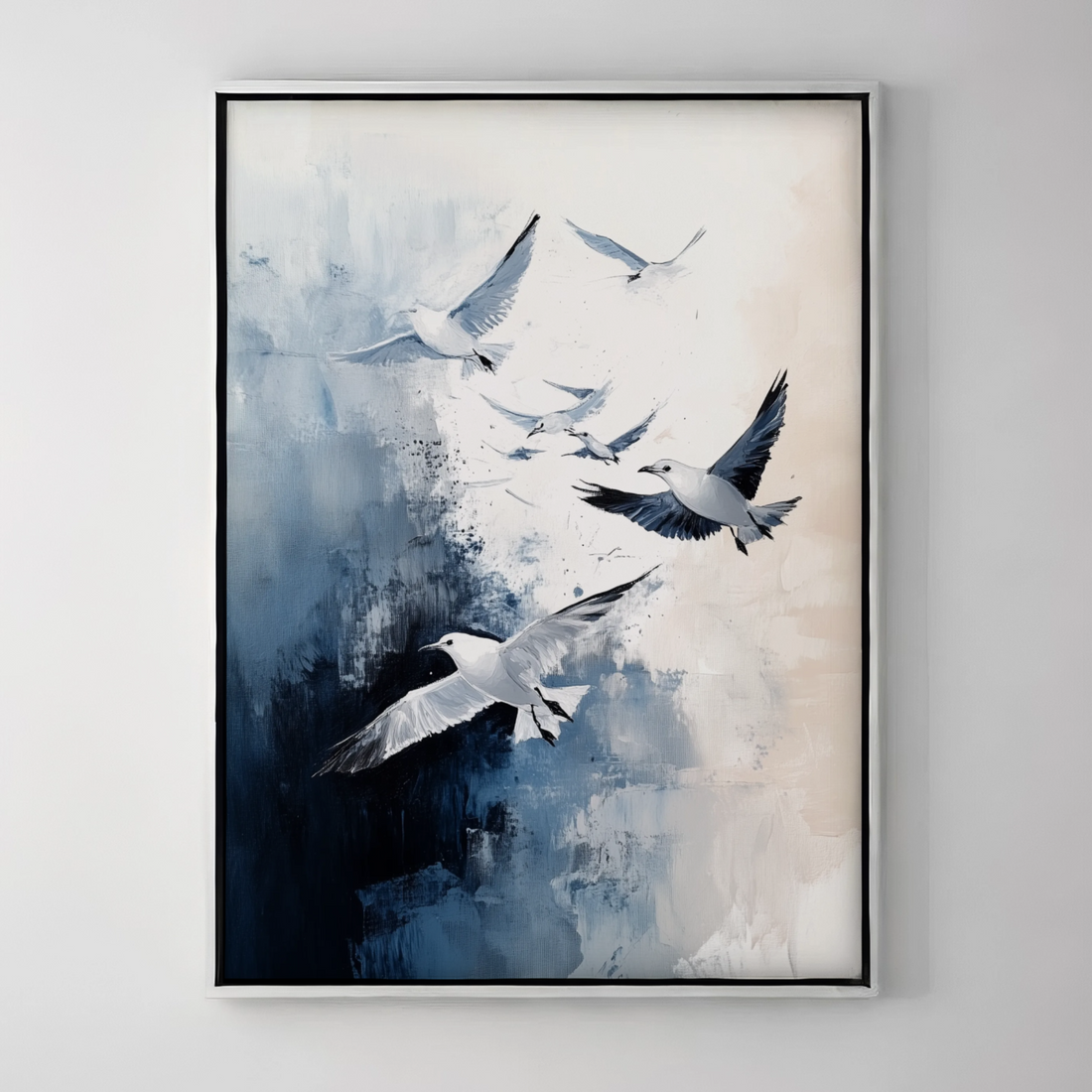 Dynamic Flight: Oil Painting of White Seagulls Against a Dark, Colorful Background. High Resolution Digital Download 300 DPI