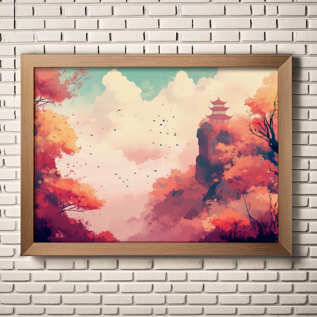 Autumn Serenity: Japanese Pagoda Amidst Vibrant Foliage and Soaring Birds. High Resolution Digital Download 300 DPI