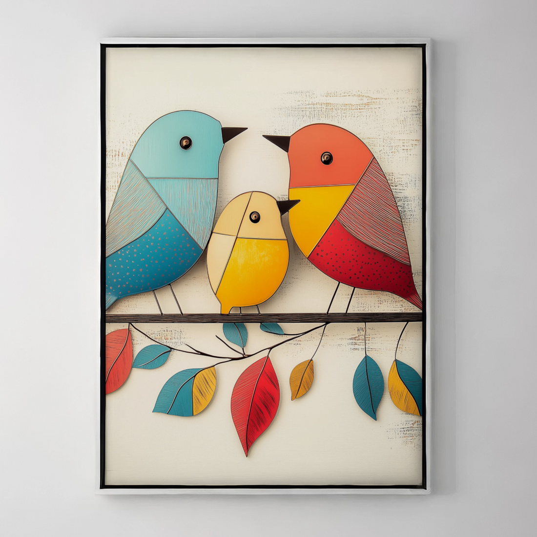 Vintage Charm: 3D Metal Birds on Wire with Colorful Leaves Wall Art. High Resolution Digital Download 300 DPI