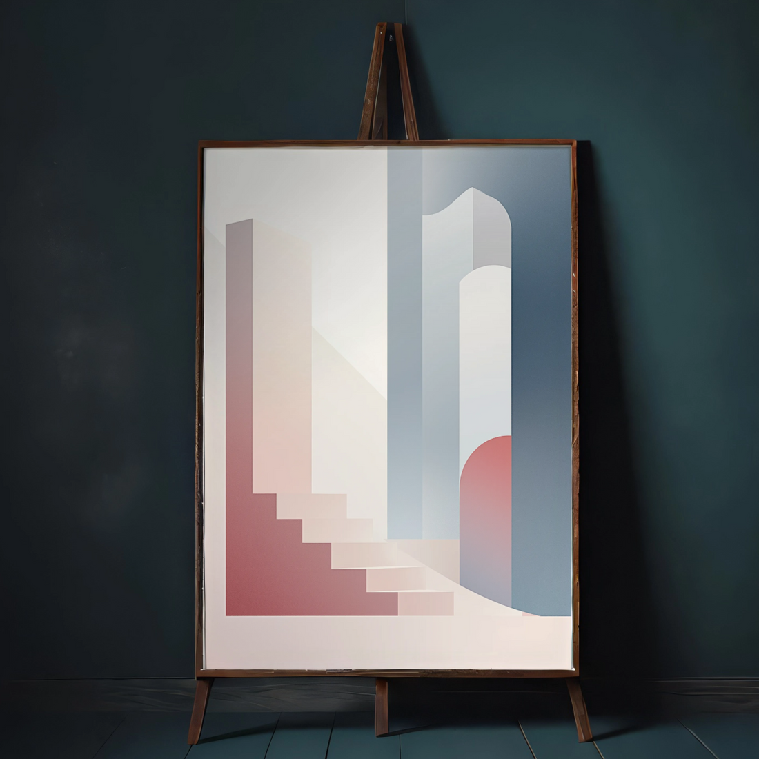 Modern Minimalism, Architectural Scene with Geometric Shapes in Pink, Gray, and White. High Resolution Digital Download 300 DPI.