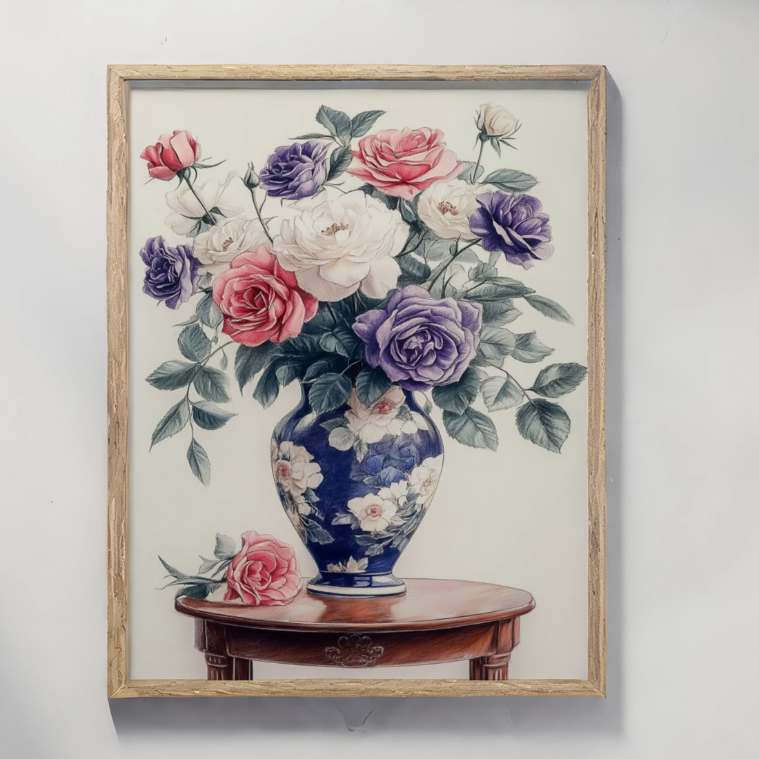 Pastel Romance: Elegant Roses in Purple and White on Vintage Side Table. High Resolution Digital Download 300 DPI