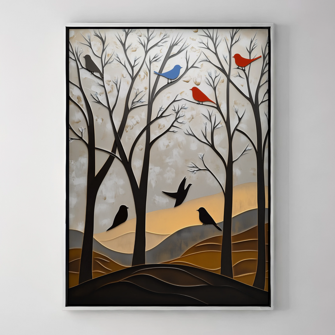 Winter's Silhouette: Bare Trees and Birds Against Misty Mountain Backdrop. High Resolution Digital Download 300 DPI