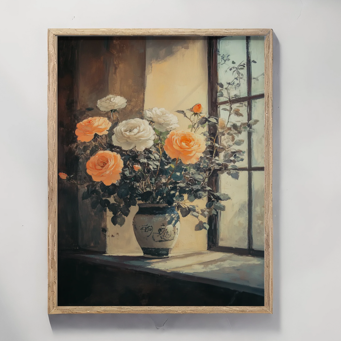 Luminous Floral Harmony: Orange and White Roses Bathed in Natural Window Light. High Resolution Digital Download 300 DPI