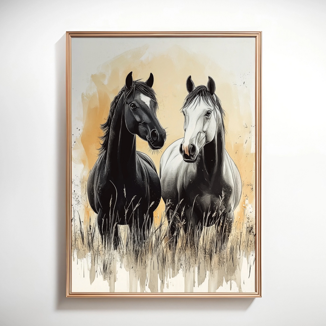 Elegant Simplicity: Minimalistic Black and White Horses in Grassy Field. High Resolution Digital Download 300 DPI