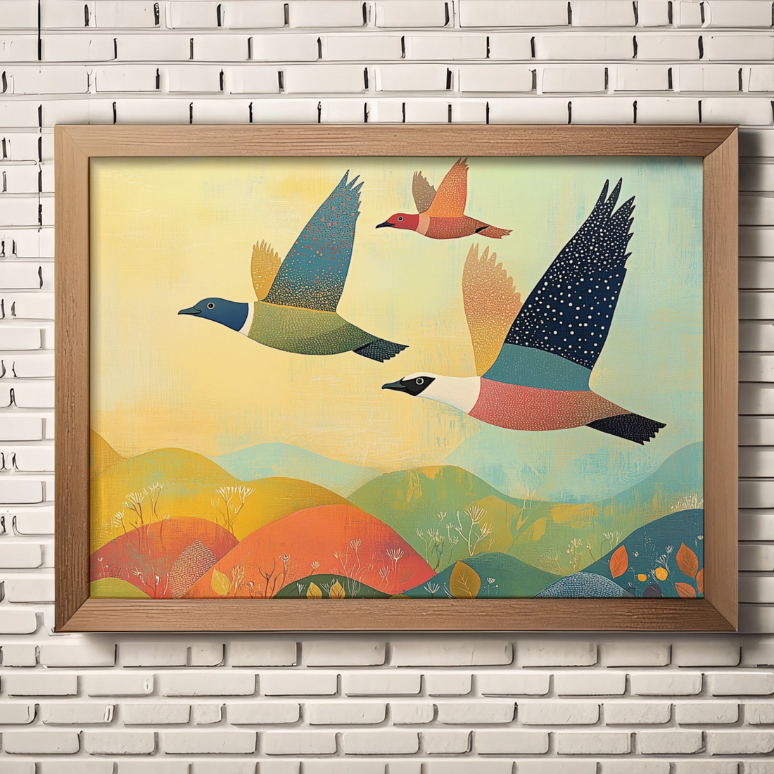 Autumn Migration: Vibrant V-Formation Soars Over Colorful Foliage Landscape. High Resolution Digital Download 300 DPI