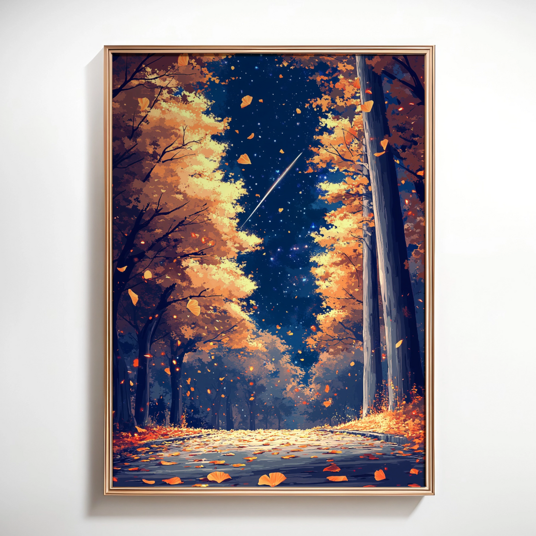 Enchanted Ginkgo Avenue: Luminous Leaves Dance Under Starlit Night Sky. High Resolution Digital Download 300 DPI