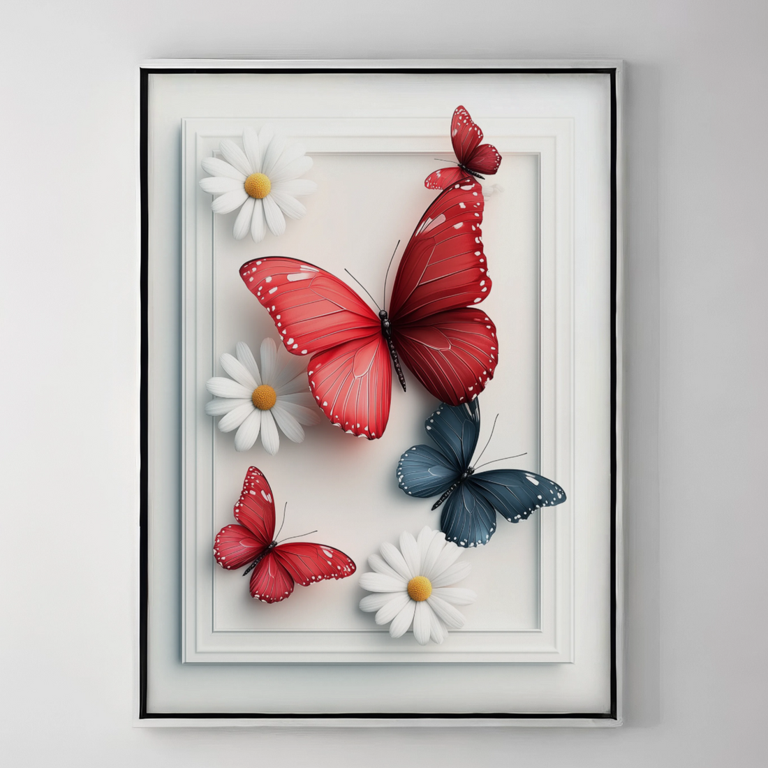 Butterfly Garden Elegance: Red and Blue Wings Dancing with White Daisies. High Resolution Digital Download 300 DPI
