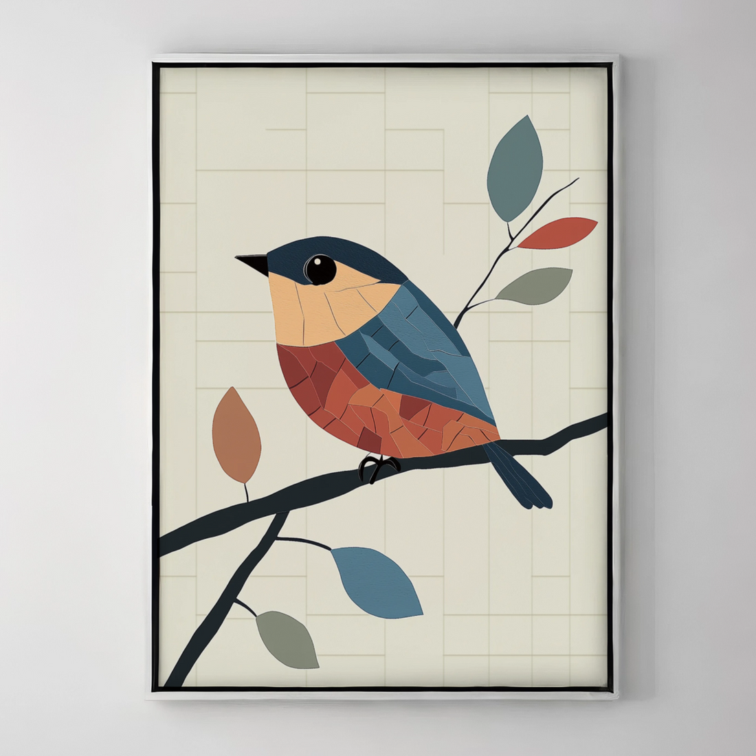 Vibrant Elegance: Colorful Bird Perched on Branch with Striking Gray and Red Leaves. High Resolution Digital Download 300 DPI