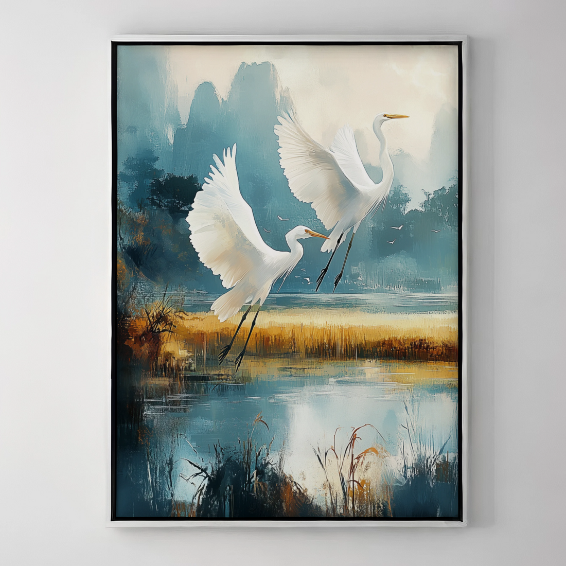 Golden Fields, Azure Skies: Egrets Soar Over Serene Coastal Landscape. High Resolution Digital Download 300 DPI