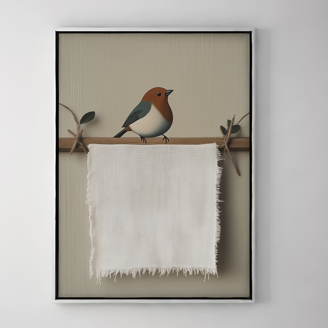 Charming Sparrow: Wall Art of Frayed Linen Cloth and Wooden Frame. High Resolution Digital Download 300 DPI