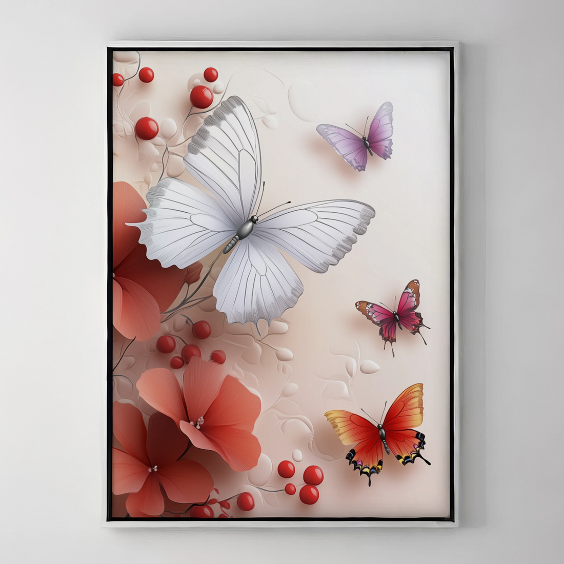 Fluttering Elegance: Vibrant Butterflies Dance Among Soft Red Blooms. High Resolution Digital Download 300 DPI