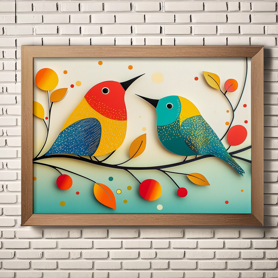 Autumn Avian Charm: Colorful Birds Dancing on Branch with Playful Polka Dots. High Resolution Digital Download 300 DPI