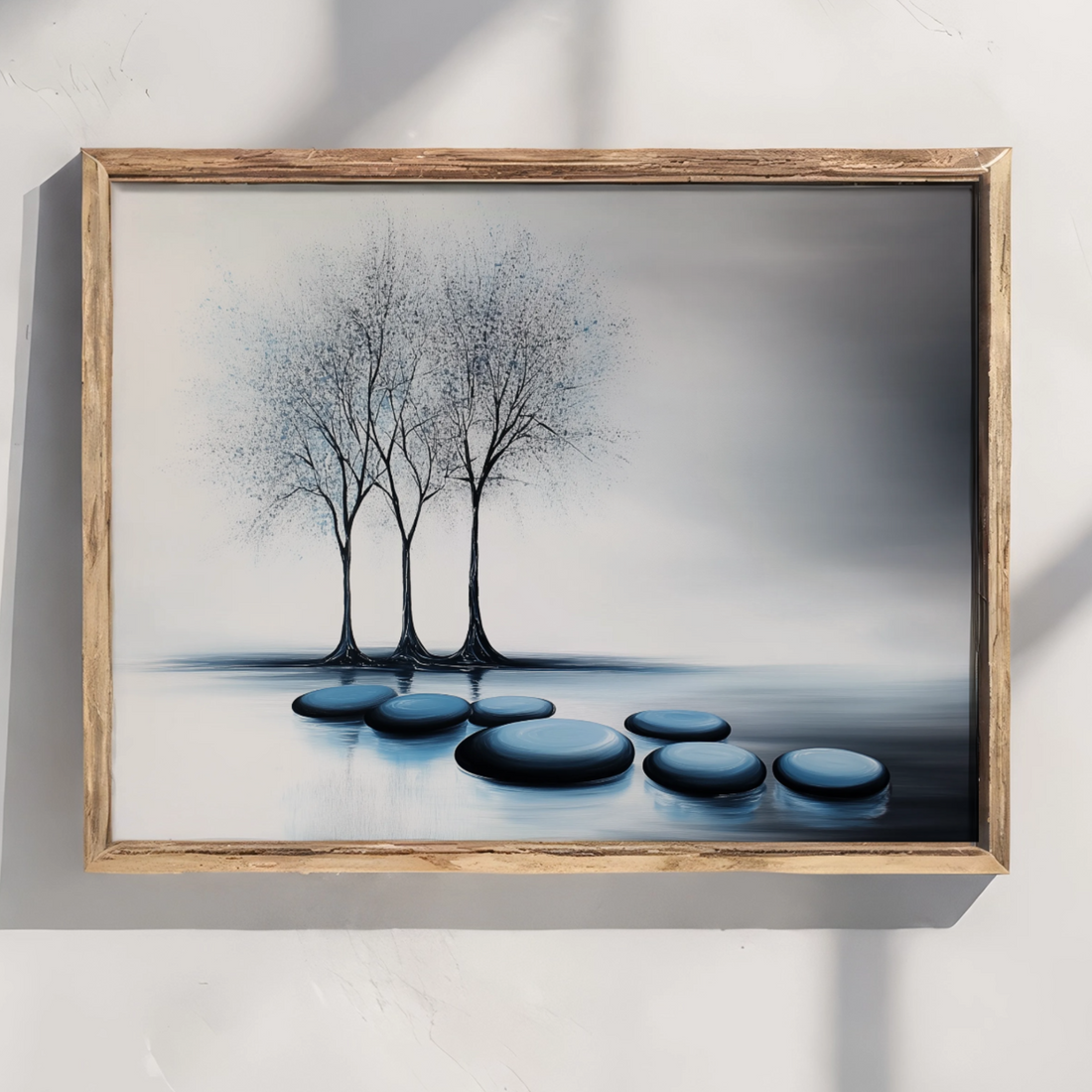 Serene Abstract Landscape: Elegant Trees and Blue Stones in Monochrome Harmony. High Resolution Digital Download 300 DPI