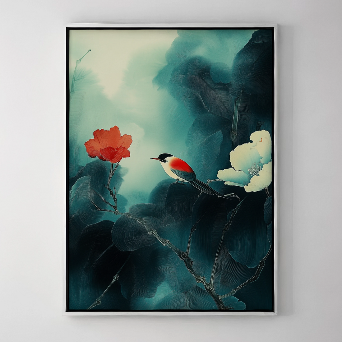 Crimson Serenity: Minimalist Red Bird in Emerald Misty Forest. High Resolution Digital Download 300 DPI