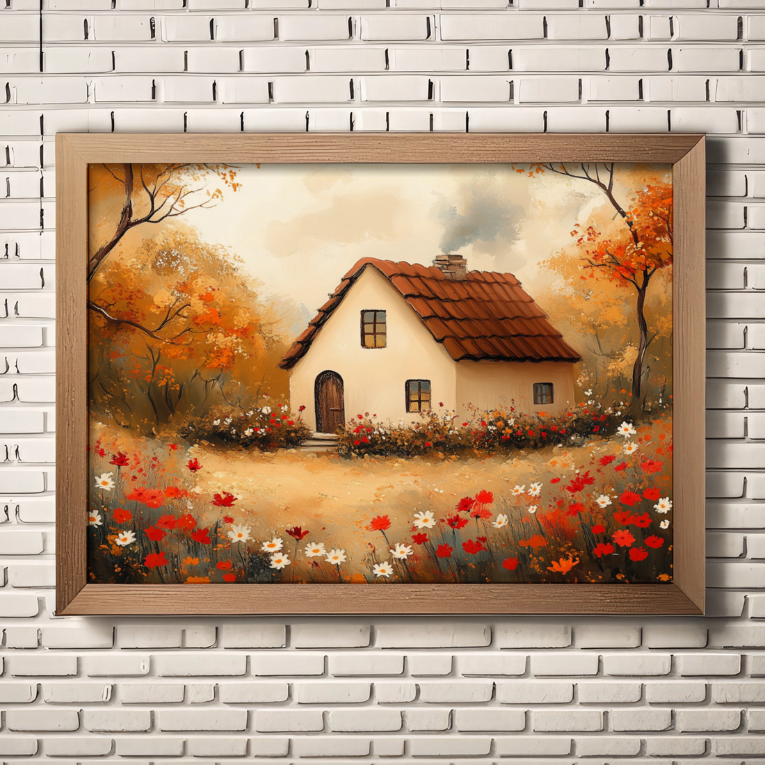 Autumn Charm: Cozy Cottage Nestled in Vibrant Seasonal Garden Landscape. High Resolution Digital Download 300 DPI